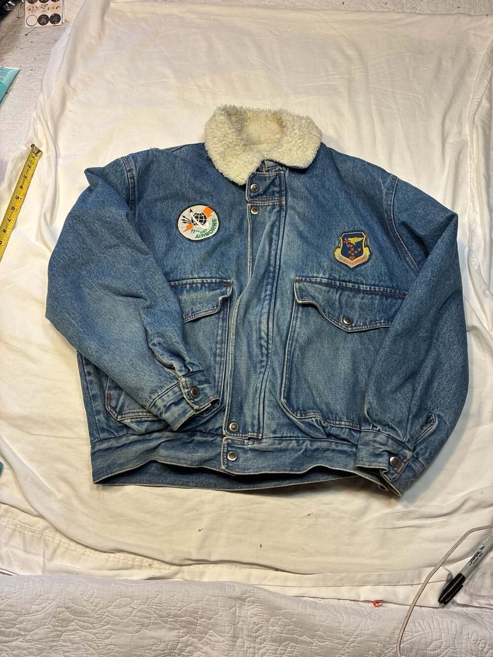 Vintage MASH Acid Wash Denim Sherpa Lined Bomber Flight Jacket with Military Pat